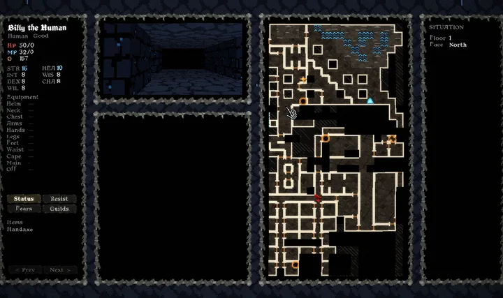 Exploring the dungeon, with the character sheet, a first-person view, and the dungeon map