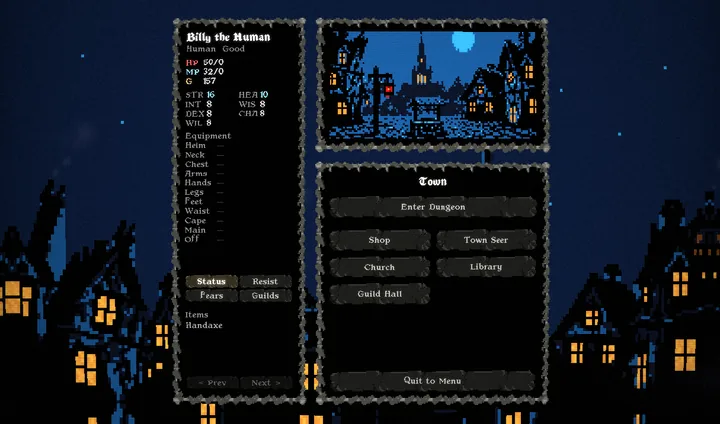 The town at night, with options to enter the dungeon, shop, or visit the church, library, and guild hall